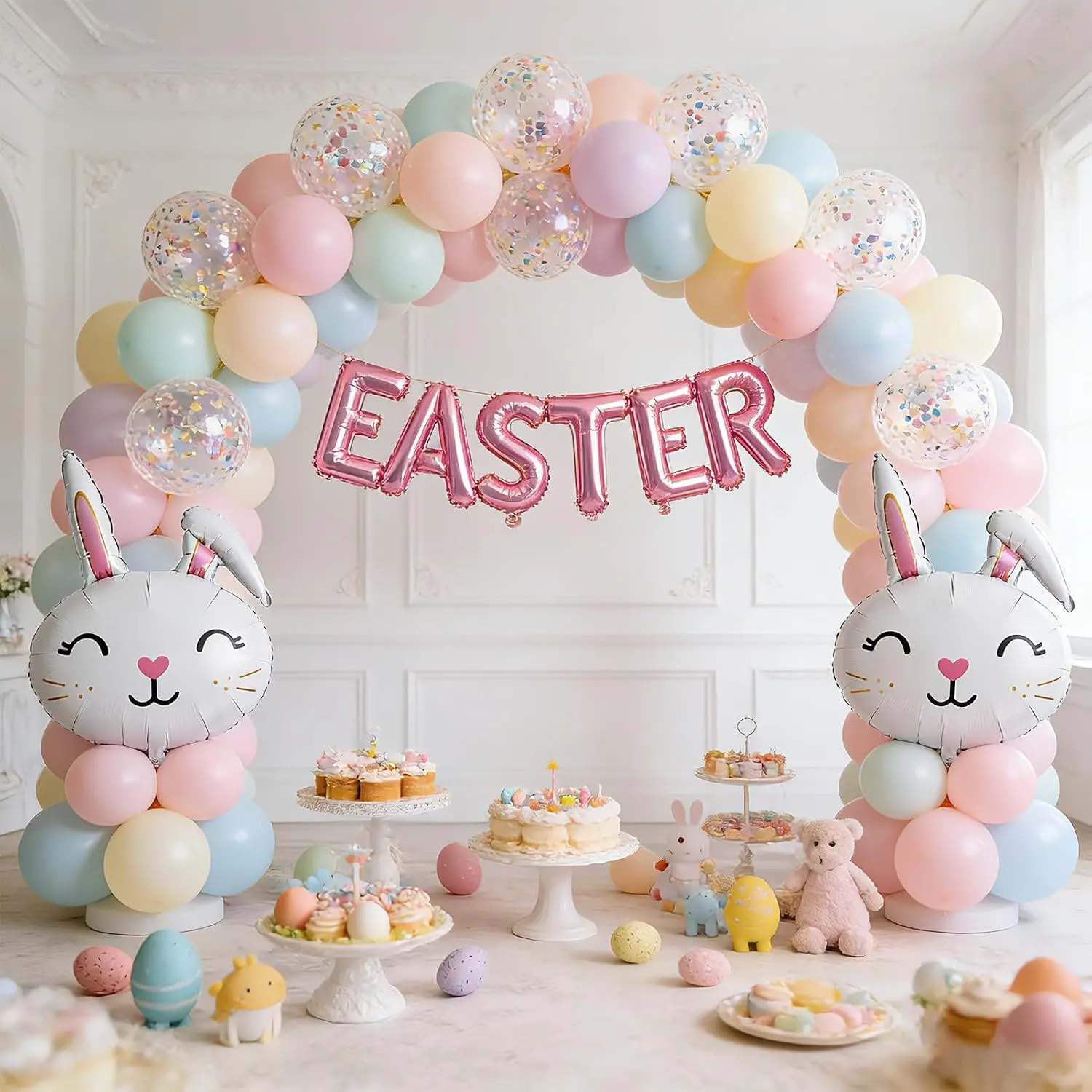 Easter Balloon Arch Kit -Pastel Rainbow Balloons with Bunny & EASTER Letter Balloons, Macaron  Blue Yellow  Cyan Latex Balloons for Easter Party Decorations, Spring Baptism
