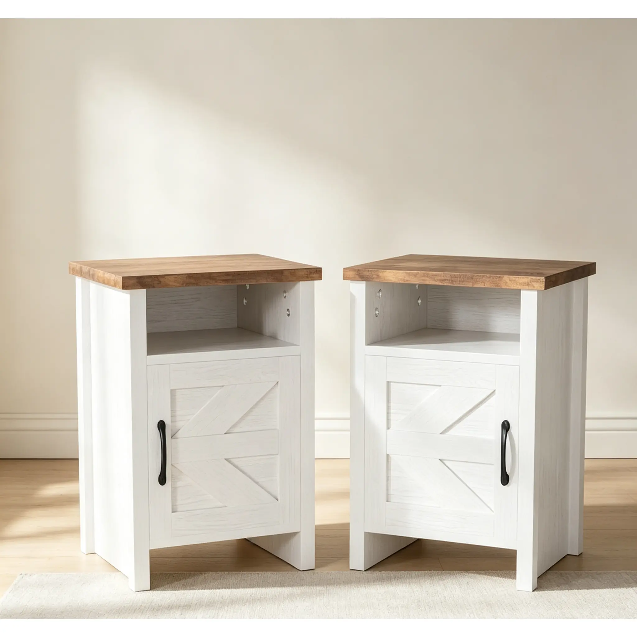 Modern farmhouse-style bedroom nightstand with storage shelves and barn doors