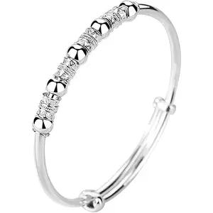 Spinner Bangle Bracelet for Women, Silver Plated Adjustable Open Cuff with Fidget Beads for Anxiety Relief, Best Anniversary Gift, Not Easy Oxidation