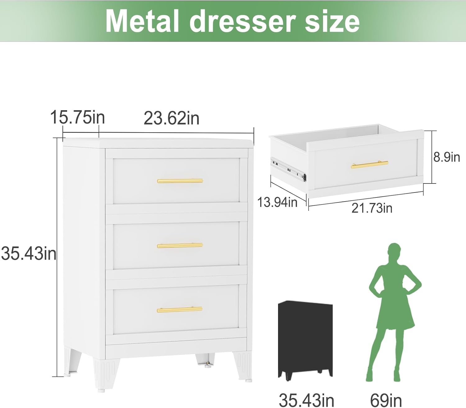 Metal Dresser Tall Narrow Dresser for Bedroom Chest, 53.46" H Drawer Chest, Closet Dressers & Chests of Drawers for Living Room, Hallway (5 Drawers White 24inch Wide)