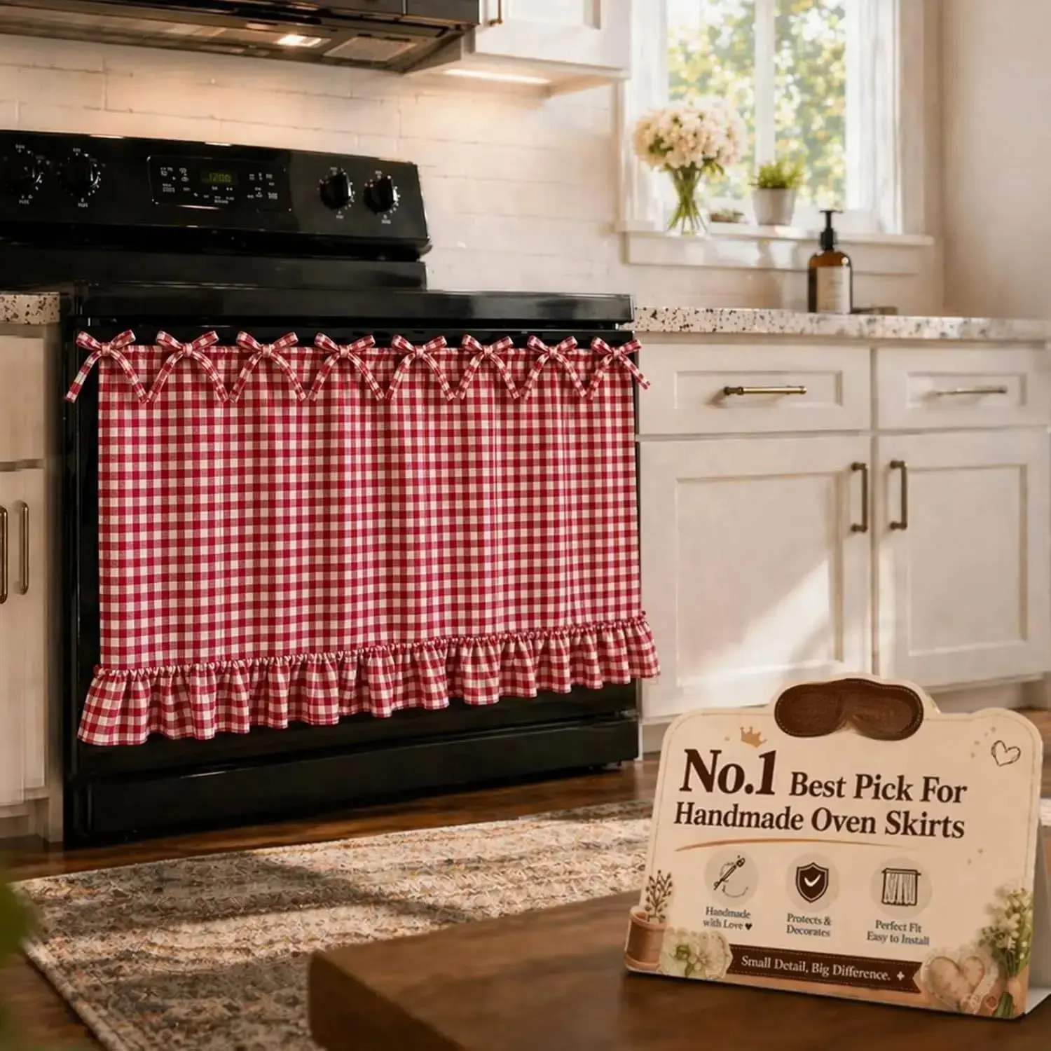 Farmhouse Gingham Stove Top Cover, Ruffled Bow Cooktop Cover for Kitchen Counter Decor, Cottagecore Rustic Stove Protector Mat, Decorative Dust Cover for Electric Stove and Gas Cooktop, Polyester Fabric Kitchen Accessory, Space Saving Home Decor