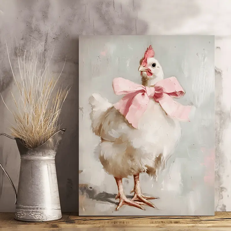 2D Flat, 1Pc Pink Bow Rooster Canvas Poster, Country Style Canvas Artwork, Wall Decoration, Suitable for Kitchen, Living Room or Office, Country Style Hen Painting, Perfect for Indoor Home Decor