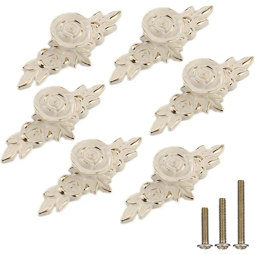 6 Pack European Style Rose Cabinet Knobs with Backplate, 102mm Vintage Zinc Alloy Flower Drawer Pull Handle for Dresser Vanity Cupboard Wardrobe Ivory White & Gold Edge