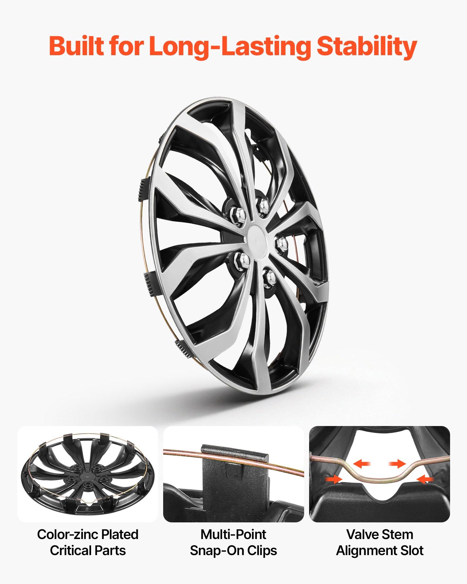 VEVOR Hubcaps Wheel Covers, 16 Inch Set of 4 Wheel Rim Cover Hubcaps OEM Replacement, R16 Size Snap On Car Hub Caps, Universal 10-Spoke ABS Tire Rim Caps for Hyundai Chevrolet Ford Honda, Silver/Blac