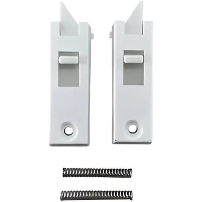 Slide Tilt Latch Set, Plastic Material, White Finish, 2-1/4" Length, 5/8" Width, 1/4" Clearance, 3/8" Extension, Includes Left and Right Latch