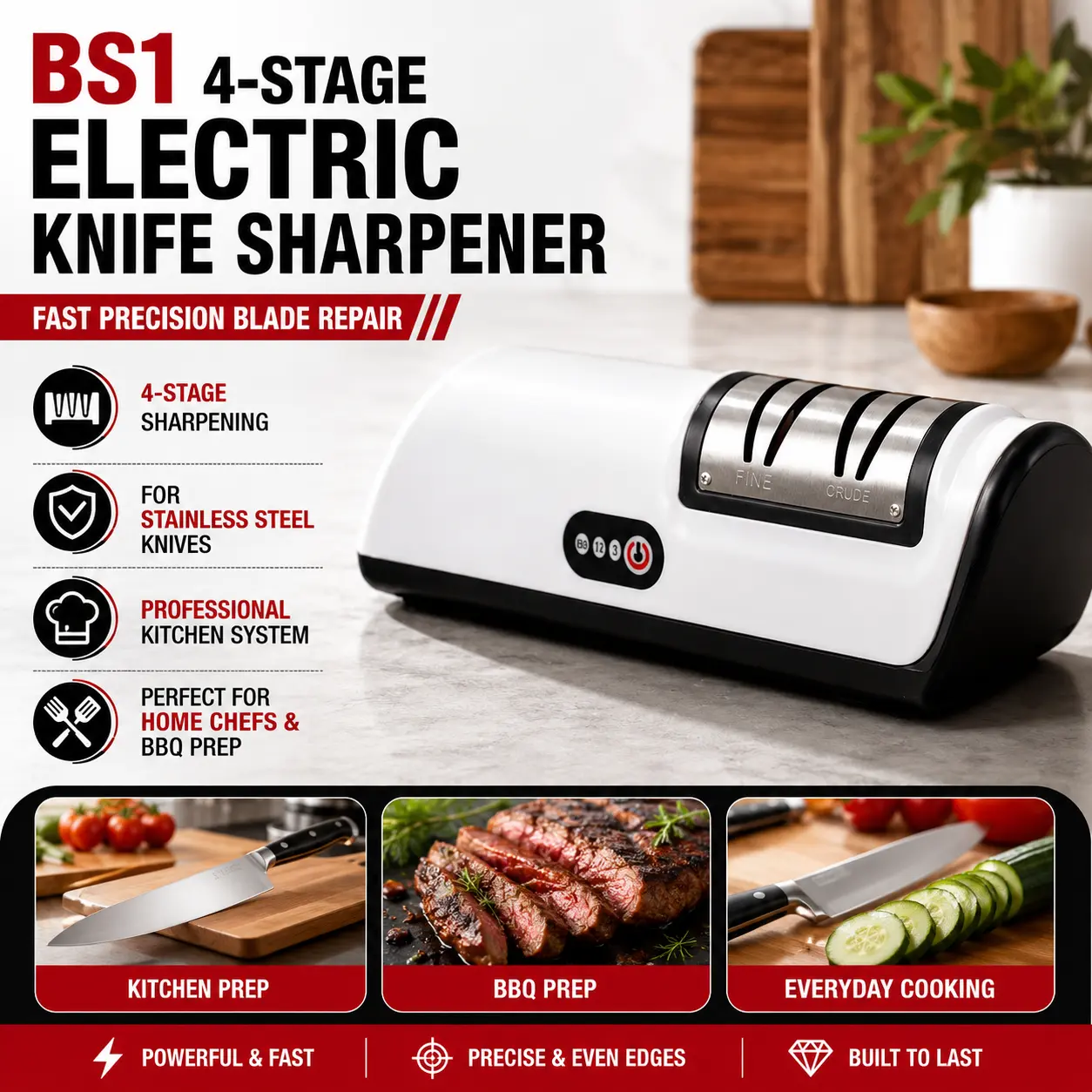 BS1 4-Stage Electric Knife Sharpener with Fast Precision Blade Repair, Professional Sharpening System for Stainless Steel Kitchen Knives, Home Chefs, BBQ Prep and Everyday Cooking