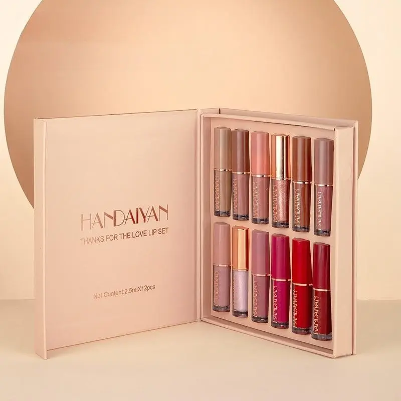 12-Color Book Lip Gloss Set, Liquid Lipstick, Mirror Finish, Waterproof, Non-Stick Cup, Long-Lasting Color, Perfect for Daily Use