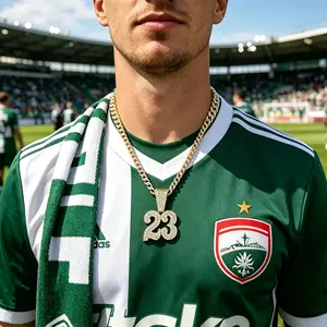 23 Number Iced Out Football Pendant Necklace - 13mm Width, 3D Zircon, Gold Zinc Alloy & Stainless Steel Religious Costume Jewelry Necklace