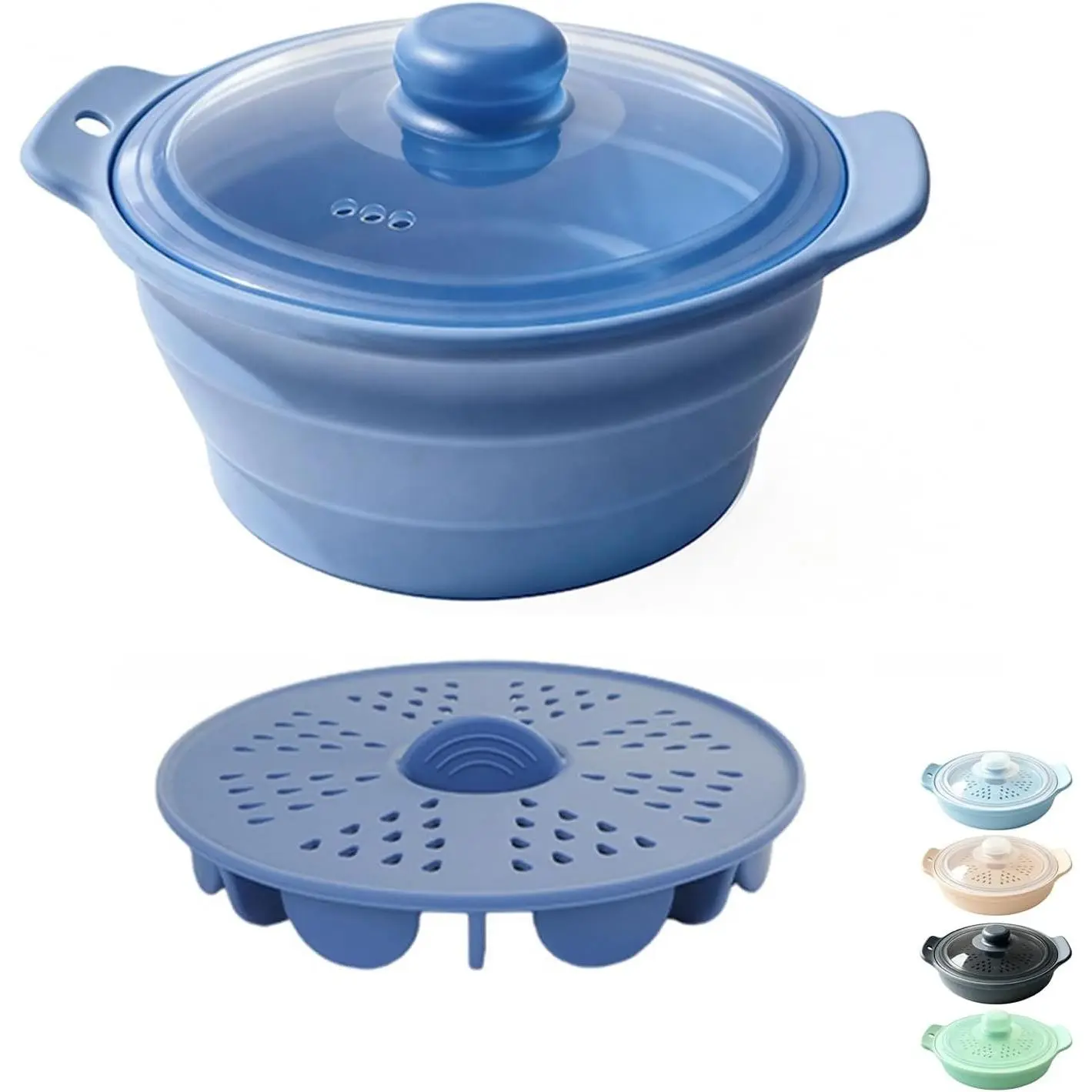 42oz BPA Free Silicone Microwave Food Steamer, Collapsible Steam Pot with Steam Basket, Handle & Lid, Dishwasher Safe for Cooking Vegetables, Seafood, Dumplings, Rice (Dark Blue)