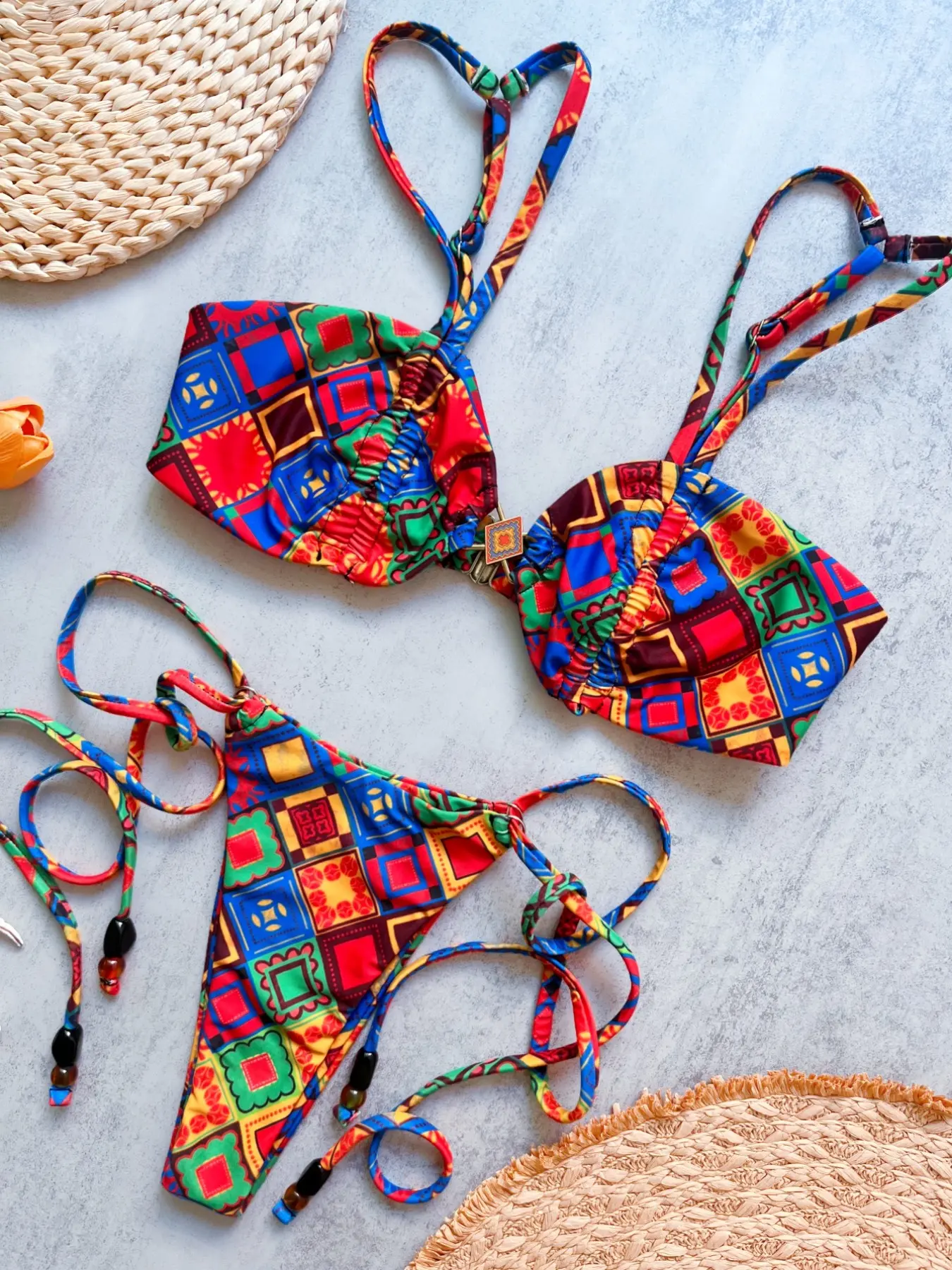 2026 Random Flower Bohemian Bikini New Tie-Back Swimsuit Set, Women's Swimwear, Boho Style, Breathable Bandeau Top, Fringe Design
