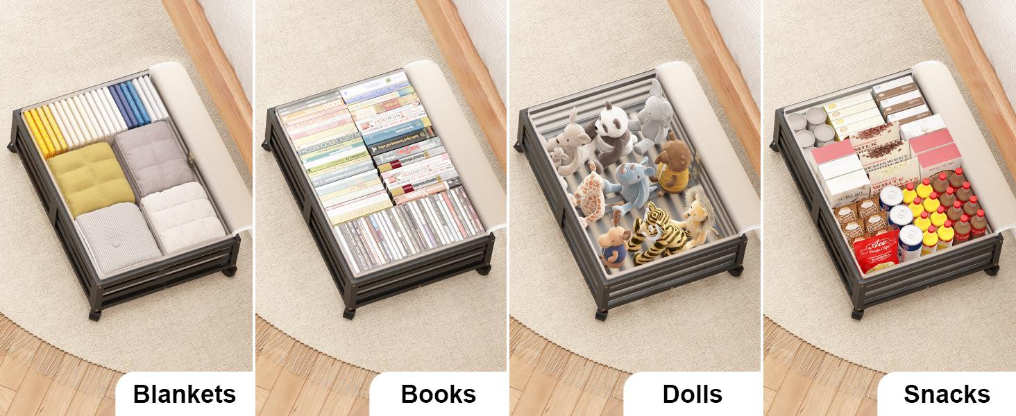 Bed with Wheels-Large Bamboo Underbed Containers with Large Dust Bag Stackable the Bed Shoe Bins for Clothes Books Bedding (2 Packs Black, 23.62"L*16.54"W* 6.51"H)