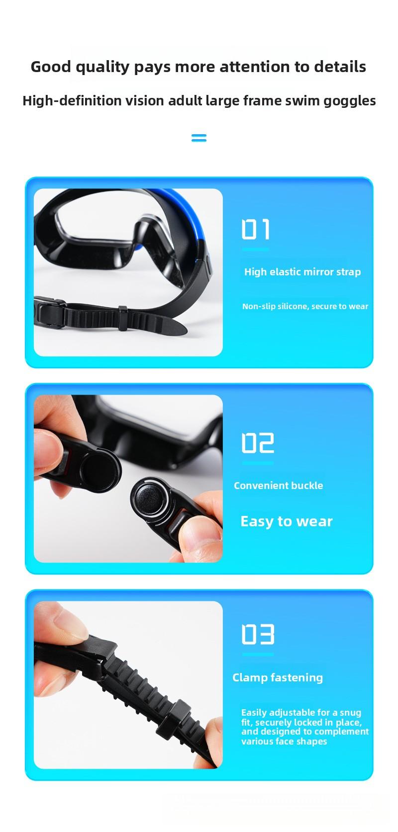 Adult swimming goggles with large frame, electroplated, transparent, waterproof, anti-fog, wide field of vision, unisex protective swimming goggles