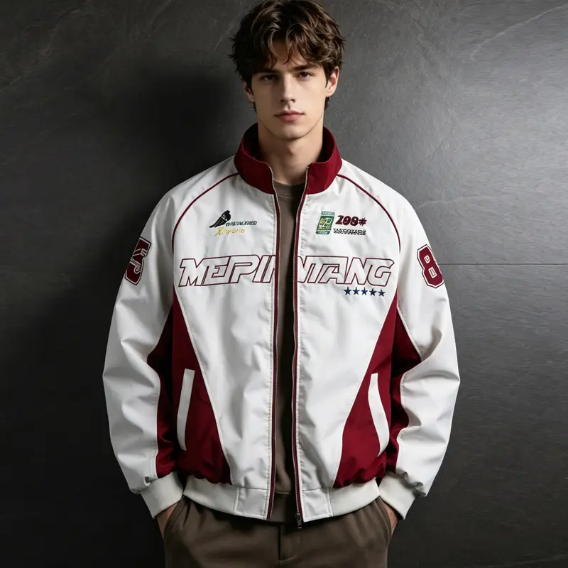 Men's Vintage Racing Jacket Y2K Graphic Embroidered Moto Biker Coat Contrast Panel Stand Collar Full Zip Bomber Casual Streetwear Retro Fall Outerwear Relaxed Fit Hip Hop Daily Active Wear Trendy Men's Fashion Varsity Wardrobe Essential Tops Fits 3-Colors