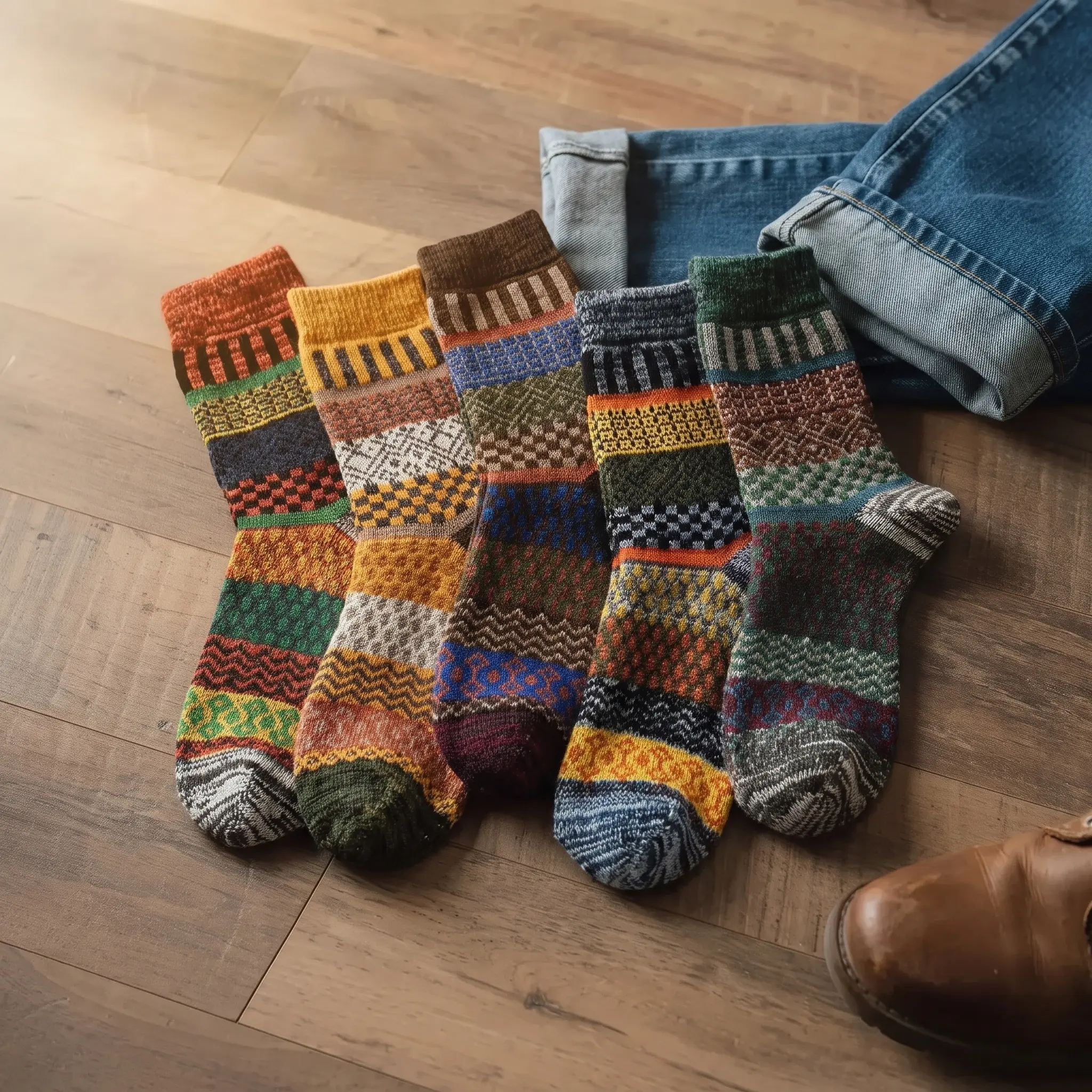 Men's 5 Pairs Vintage Warm Ethnic Pattern Crew Socks, Casual Soft Comfortable Breathable Mid-calf Socks For Daily Wear, Casual Stylish Socks, Men's Socks & Hosiery, Breathable Comfy Socks, Casual Fashion Socks Menswear Multicolor