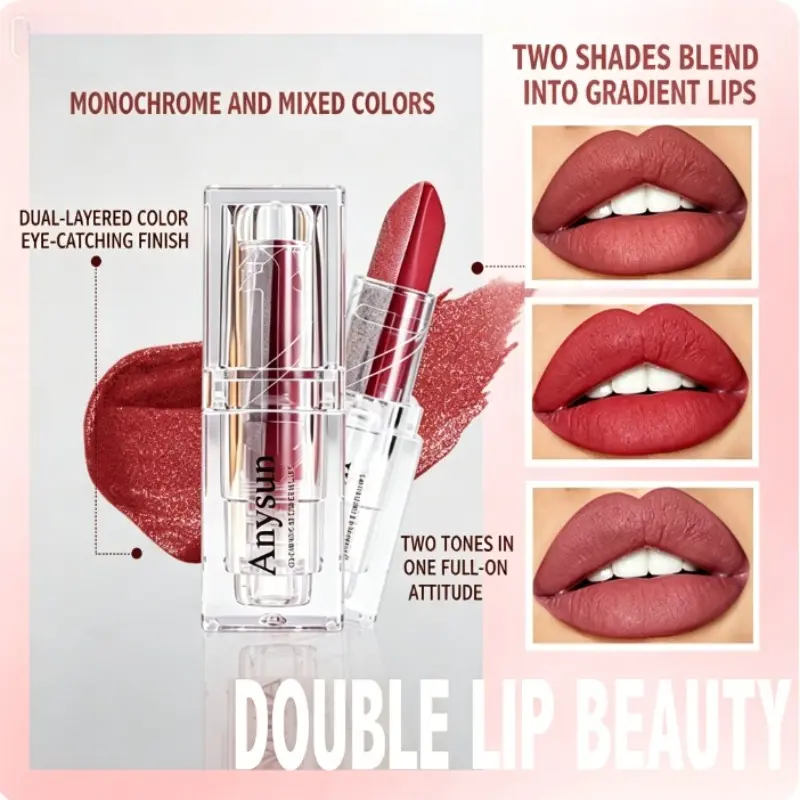 Double Layered Two Shades Lipstick, Easy Blend Gradient Ombre Lip Stick, No Skill Needed, Long Wear Matte Finish Lip Makeup for Daily & Party