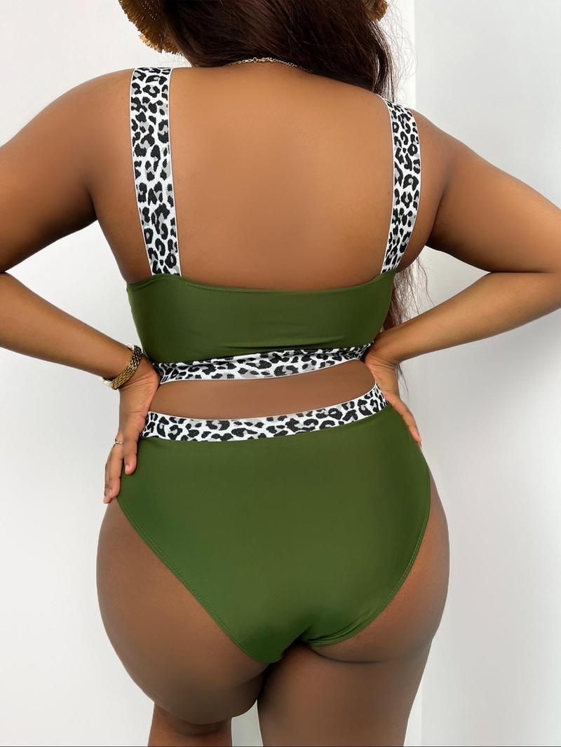 Plus Leopard Patchwork Print Tape Waist Swimsuit, Summer Clothes Women, Women's Casual Comfy Breathable High Stretch Swimwear for Summer, Swim Tankini Tops
