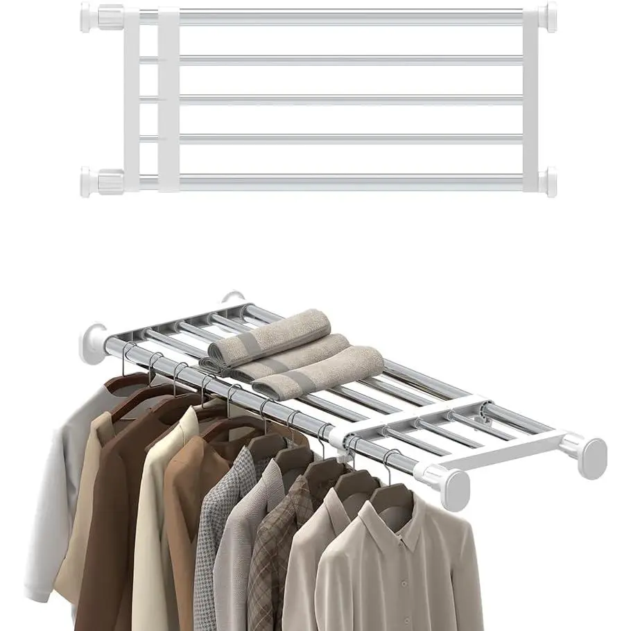 Expandable Shelf Rod Closet System 5-Bar Telescopic Heavy Duty Clothes Hanger Adjustable DIY Storage Organizer Shoe Rack