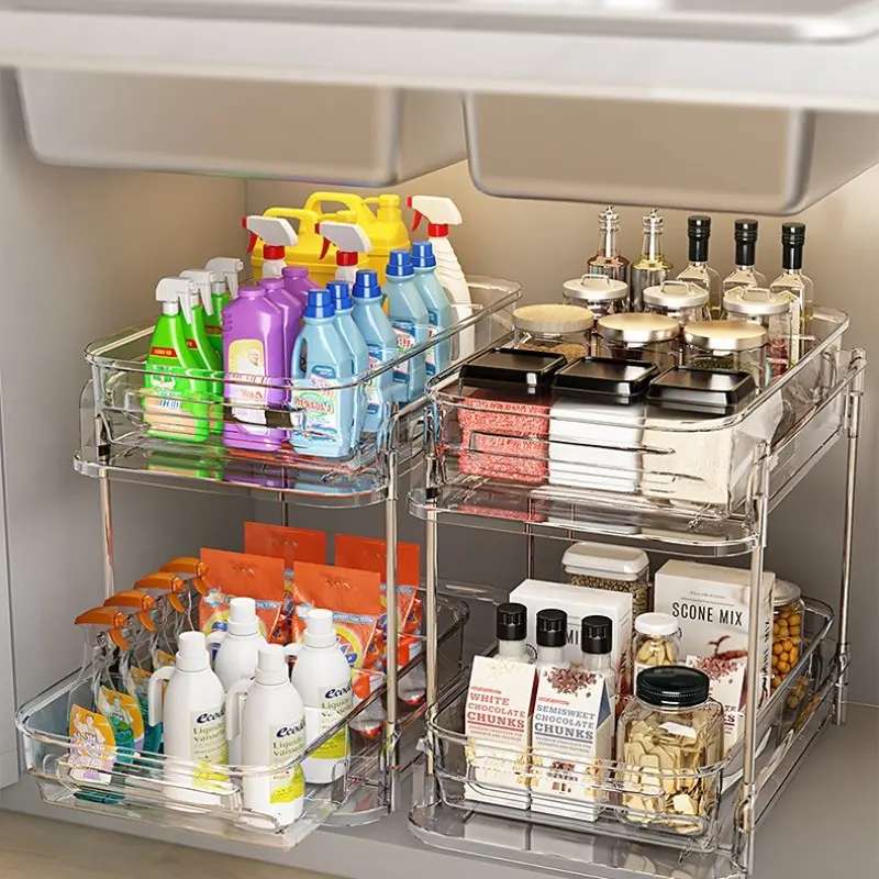 2-Tier Stackable Under Sink Organizer, Transparent PVC Pull-Out Storage Rack with Adjustable Movable Dividers, Slide Pull Out Under Cabinet Storage for Bathroom Drawer & Kitchen Pantry, Space Saving Home Organizer