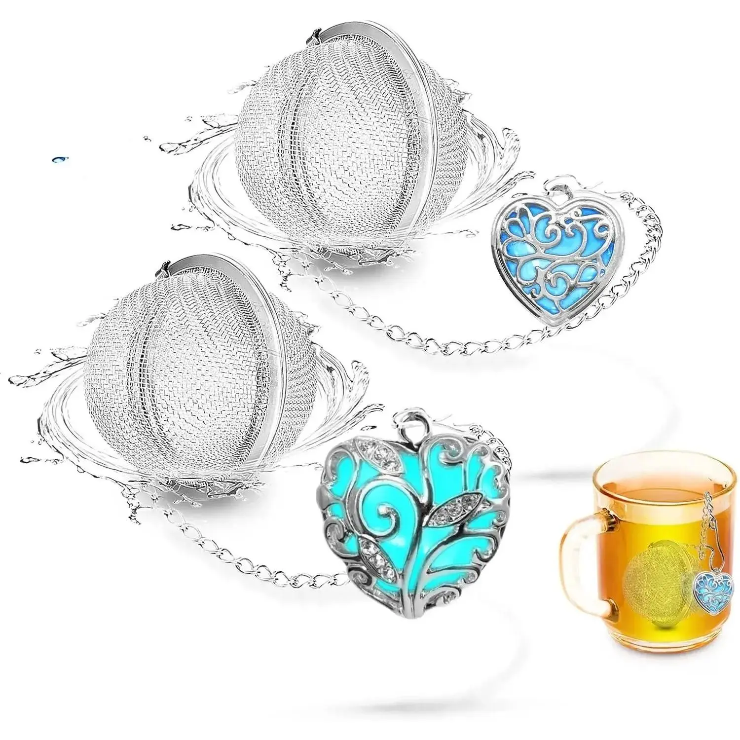 2pcs Luminous Heart Pendant Tea Infuser Strainers for Loose Leaf Tea Handmade Fluorescent Stone Tea Diffusers Steeper Tea Sets for Women