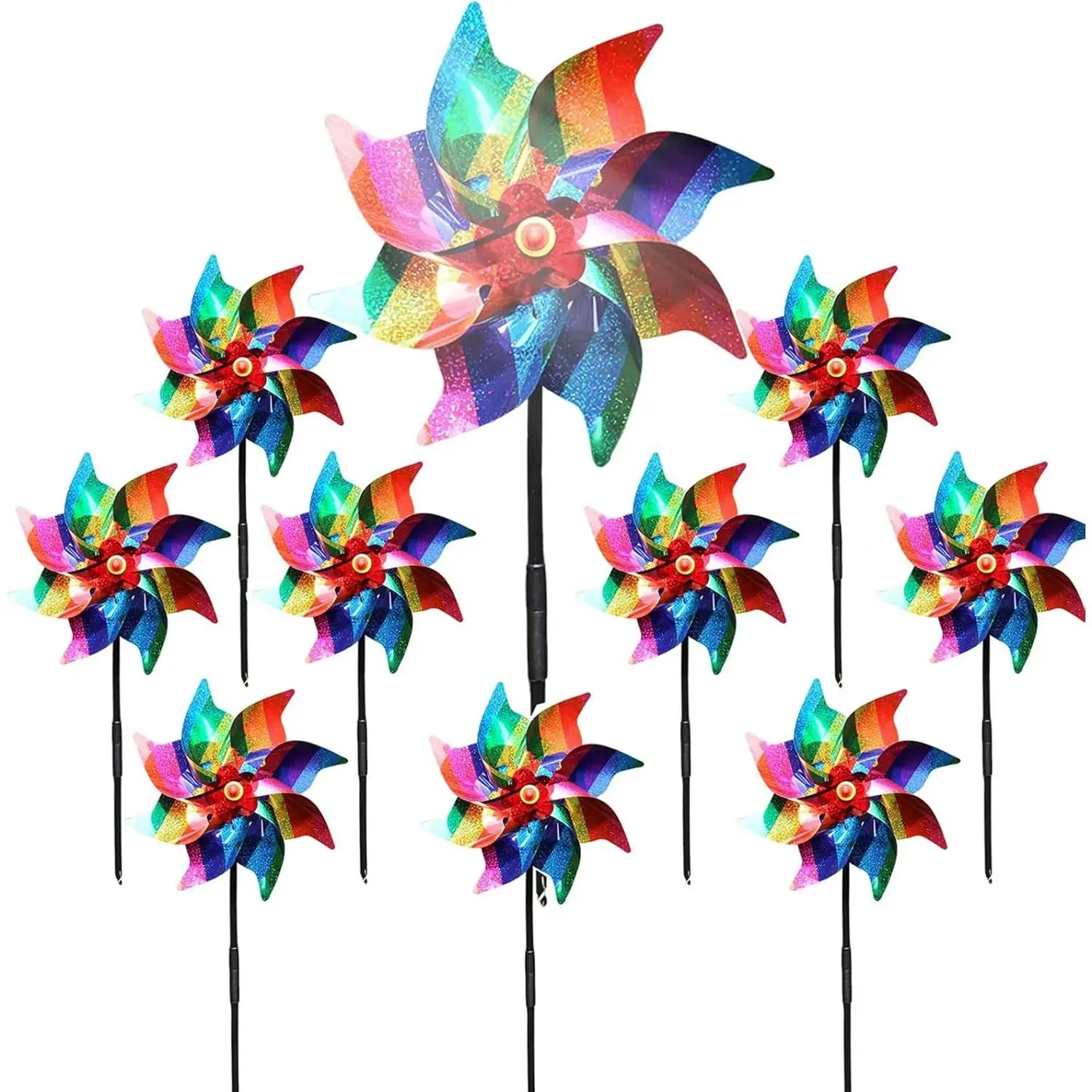 10 Pieces 21 Inches Rainbow Reflective Pinwheels with Stakes Windmill Wind Spinners Outdoor for Yard Garden Lawn Farm Decor Bird Repellent, Large Plastic Foil Pin Wheels for Birds Animal Deterrent