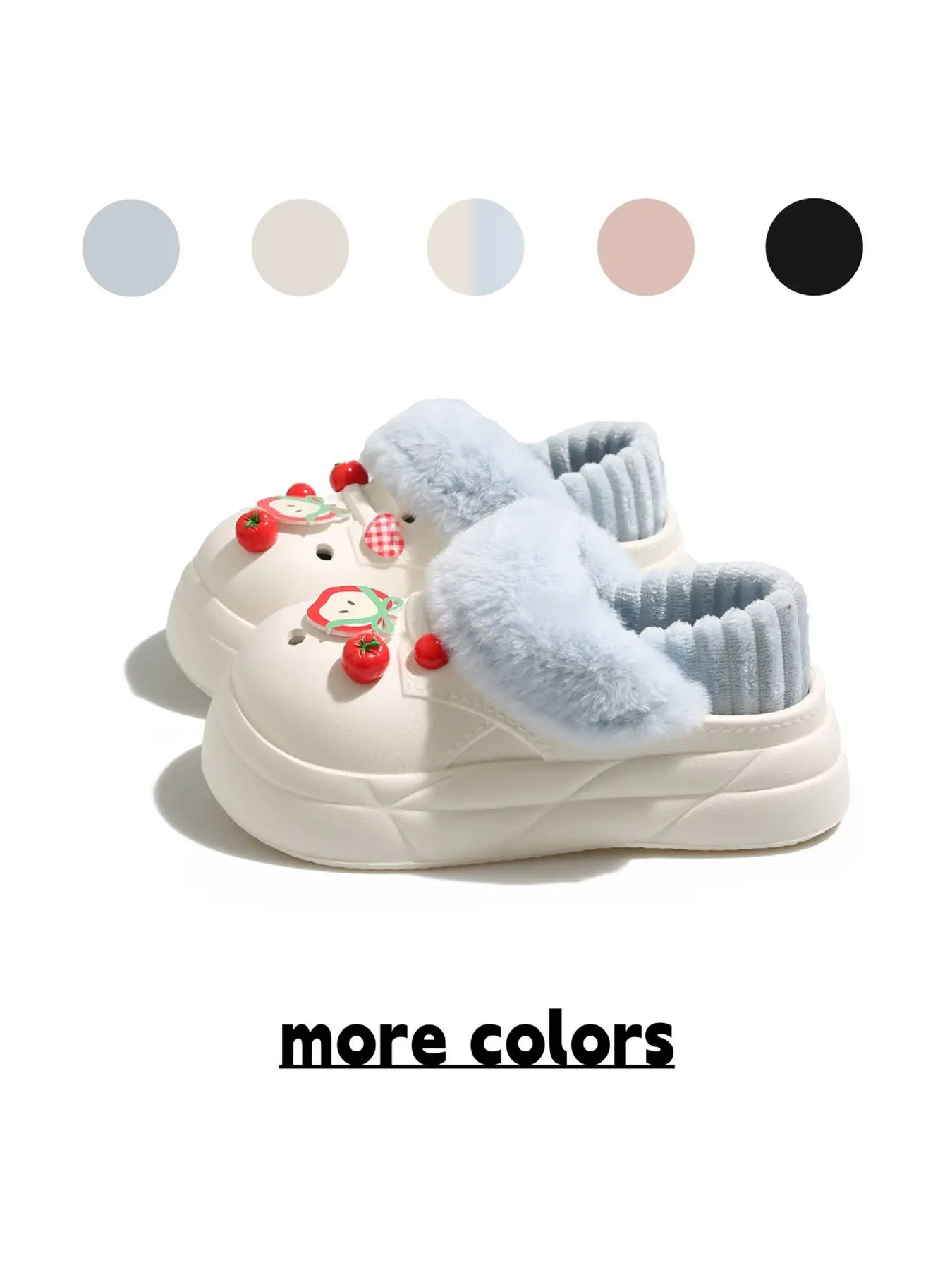 Women's Fleece Lined Platform Clogs, Removable Plush Lining, Cute Apple Charms, Warm Closed Toe Winter Slippers For Outdoor Wear
