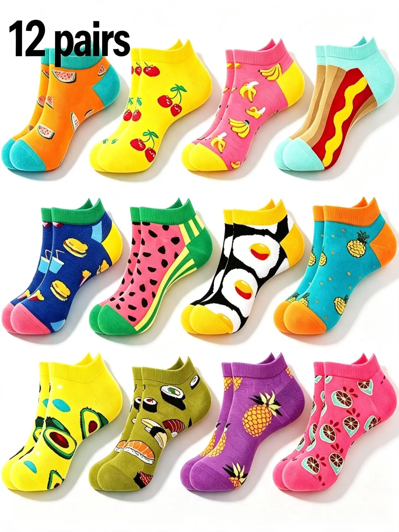 12 Pairs Women's Creative Food Fruit-Themed Invisible Boat Socks with Tropical Fruits and Breakfast Prints, Comfortable Elastic Non-Slip Comfort Socks for Fitness Office Travel Great Gift for Men and Women