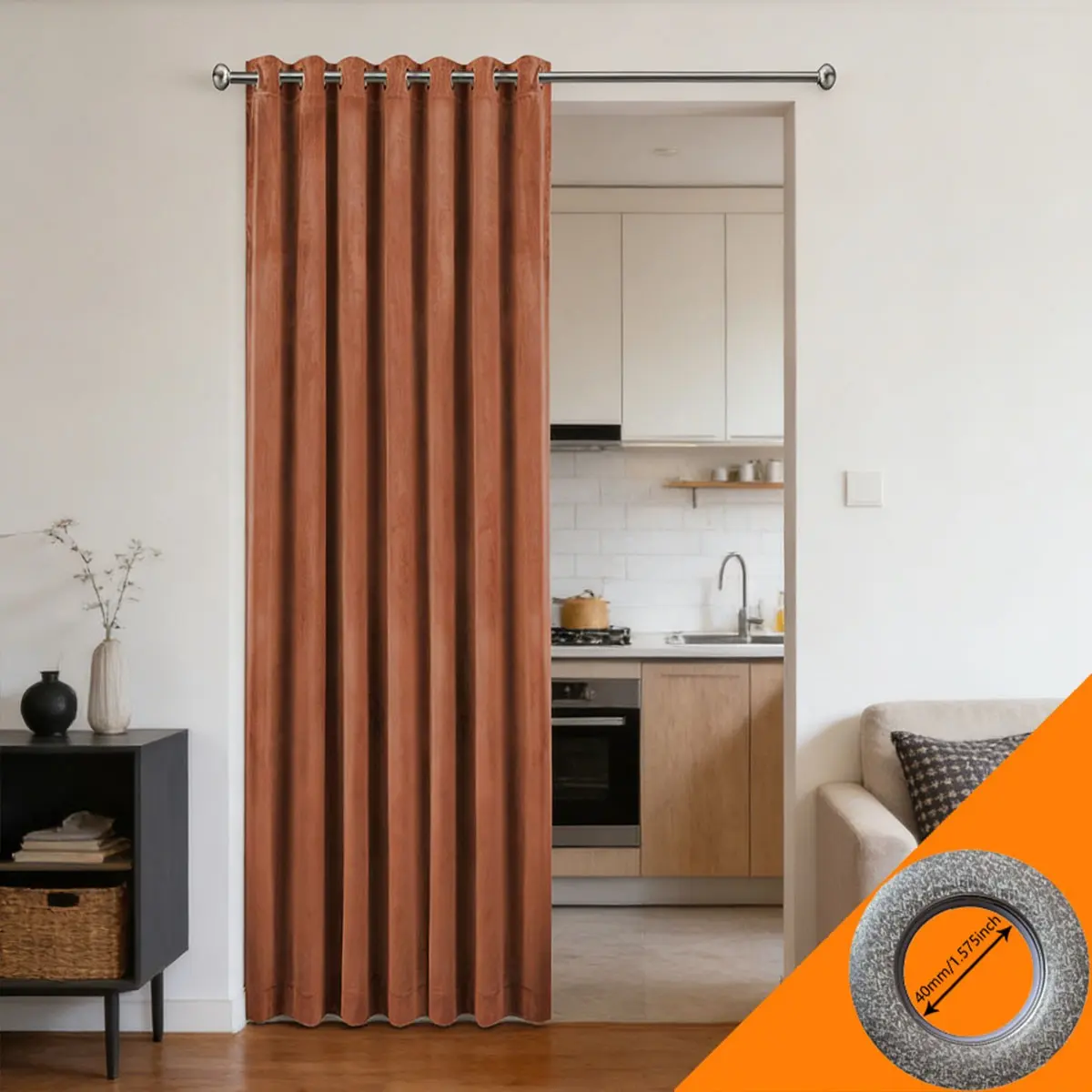 Caramel Color Velvet Curtain, Vintage Retro Japandi Style, Thick Full Light Block Soundproof Floor Door Curtain, Kitchen Living Room Passageway Divider, Multiple Colors Available