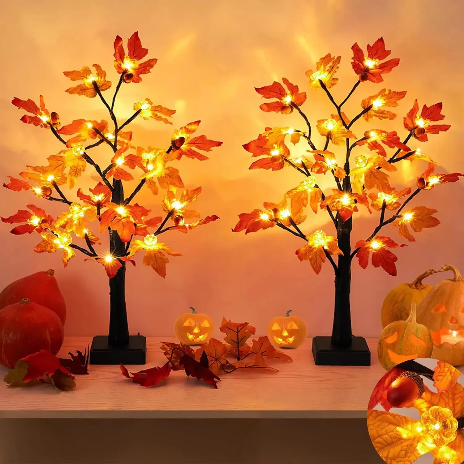 Fall Decor 2 Pack 24 Inch Maple Tree Lights - 48 LED Autumn Decorations with Pumpkins & Acorns, Timer, USB & Battery - Thanksgiving Decorations for Home Table Indoor Fireplace
