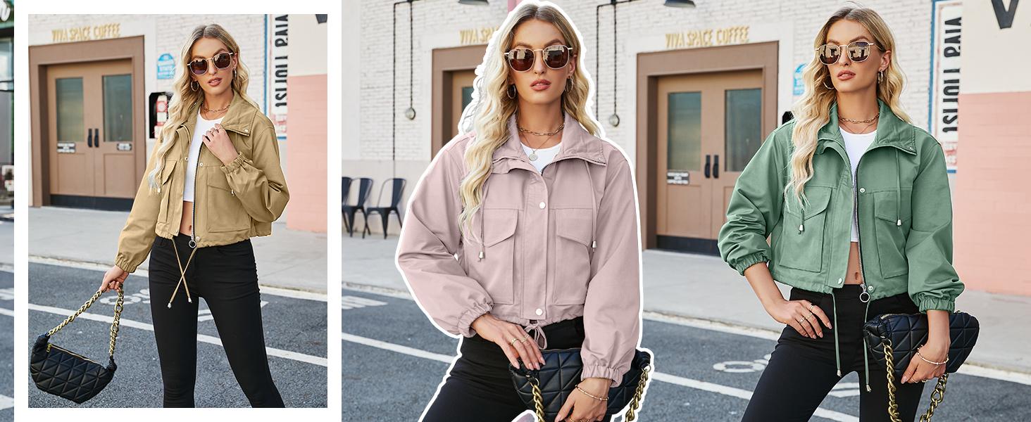 Imily Bela Womens Cropped Jacket Zip Up Lightweight Oversized Utility Anorak Coat with Pockets