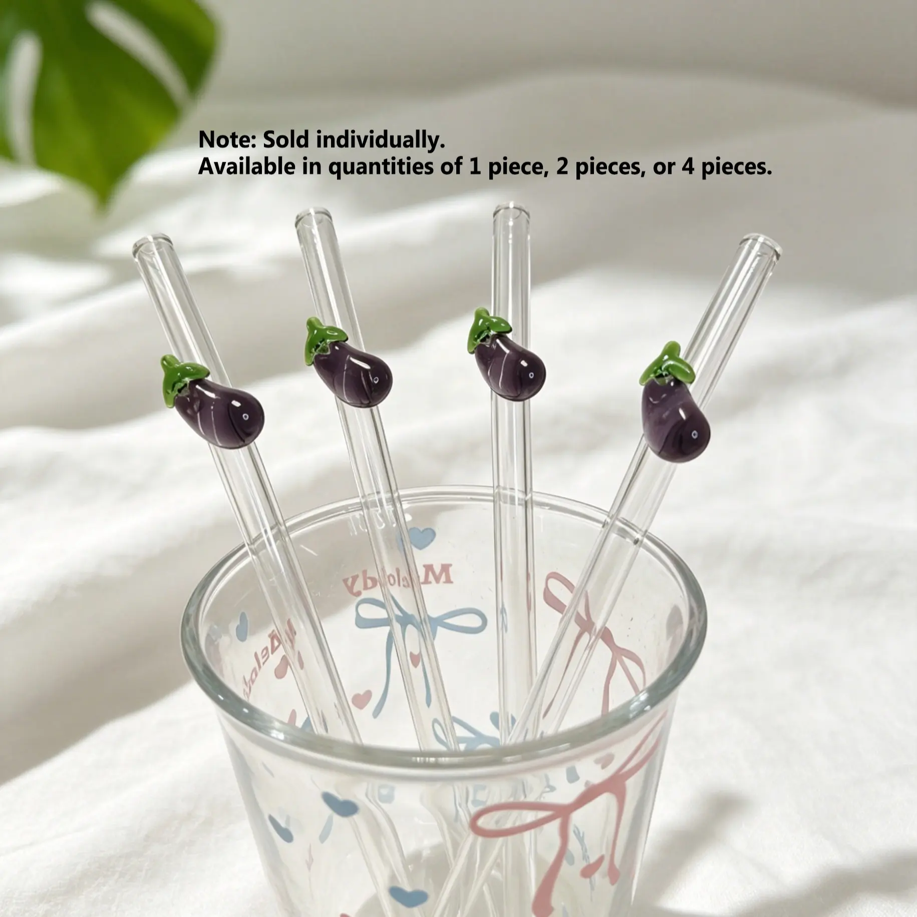 Cute Eggplant Glass Straw Set, Thick High Borosilicate Transparent Drinking Straws, Heat Resistant, for Cold Drinks, Bar, Home, Party