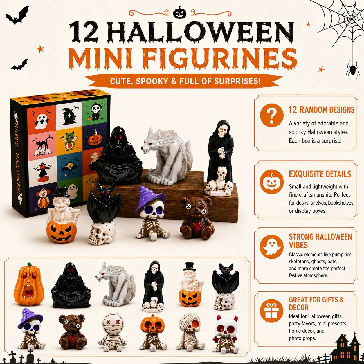 Halloween Mystery Surprise Blind Box, 12 Mini Ghost Pumpkin Skull Dolls, Random Collectible Toys, Perfect for Halloween Party Gifts