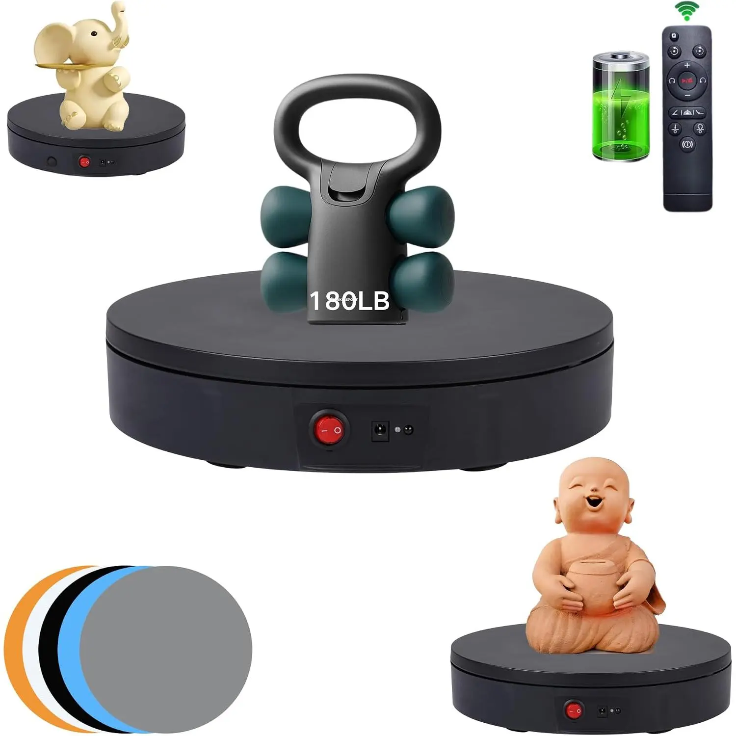 Motorized Rotating Display Stand,180 Lbs Load,360  Electric Rotating Turntable for Photography Products Display,Live Show,Remote Control +5 Colors Backgrounds(Black / 8.66inch / Rechargeable)