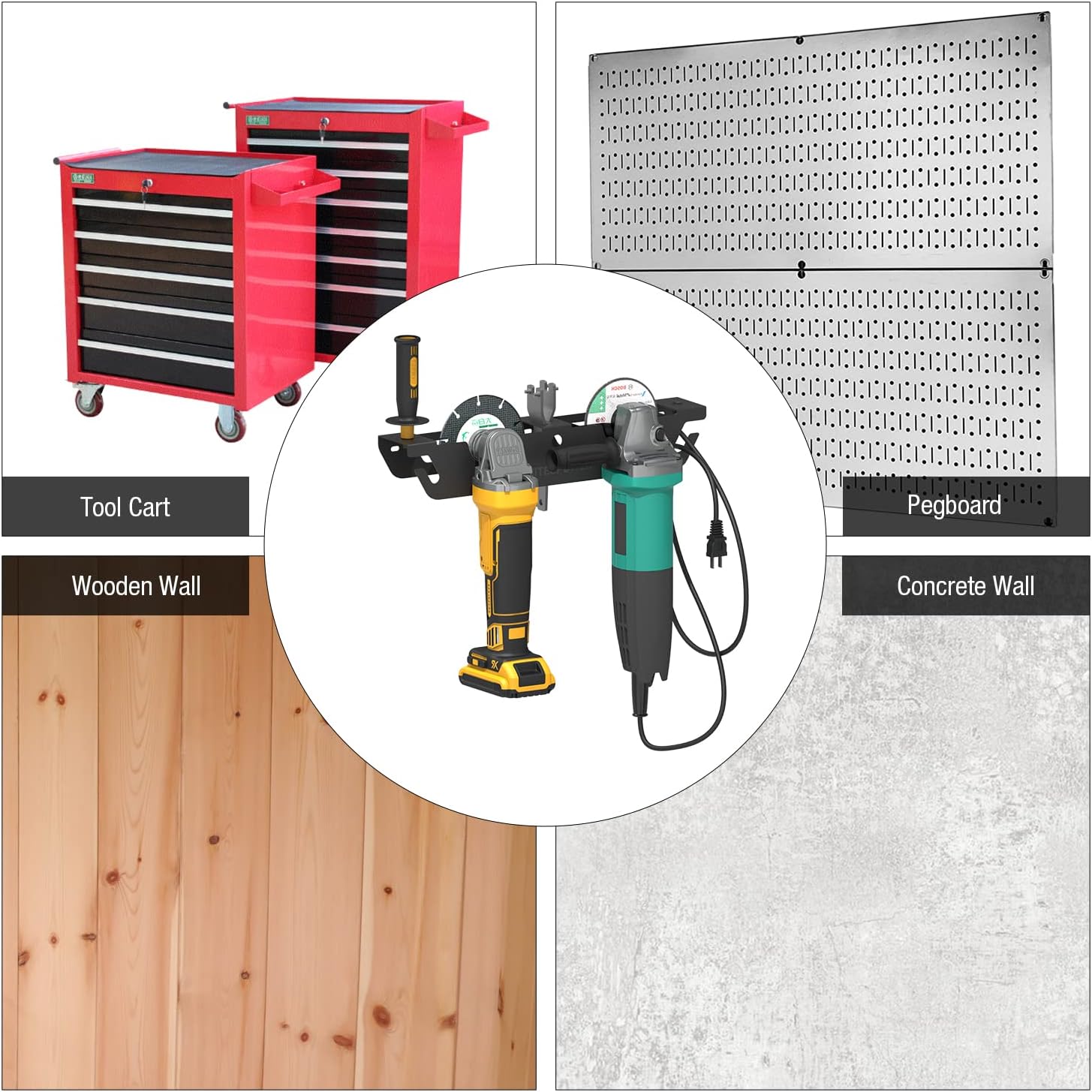 Angle Grinder Holder Stand, Wall Mounted Rack with Cord Hanger, Multifunctional Angle Grinder Rack, Tool Organizer with Accessories, Cordless Tool Organizer