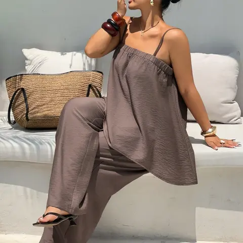Plus Size Women's Summer Two-Piece Set, Loose-Fit Flowy Cami and Wide-Leg Pants with Pockets, Casual Slimming Vacation Style Outfit