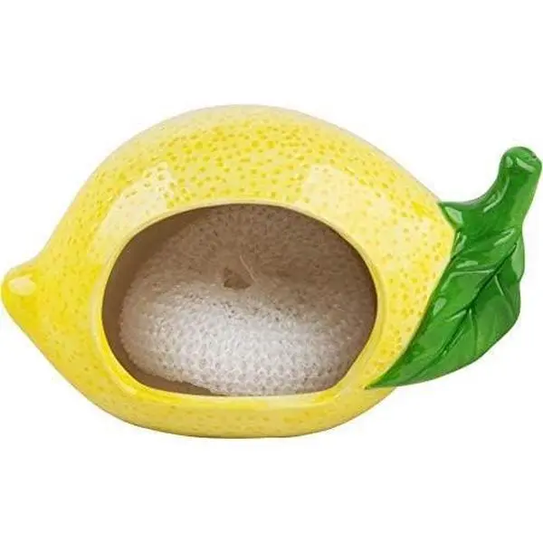 Ceramic Kitchen Sink Scrubby Holder with Nylon Bristles Dish Scrubber, Lemon Fruit Shape, for Countertop Sink Cleaning and Kitchen Storage Decor