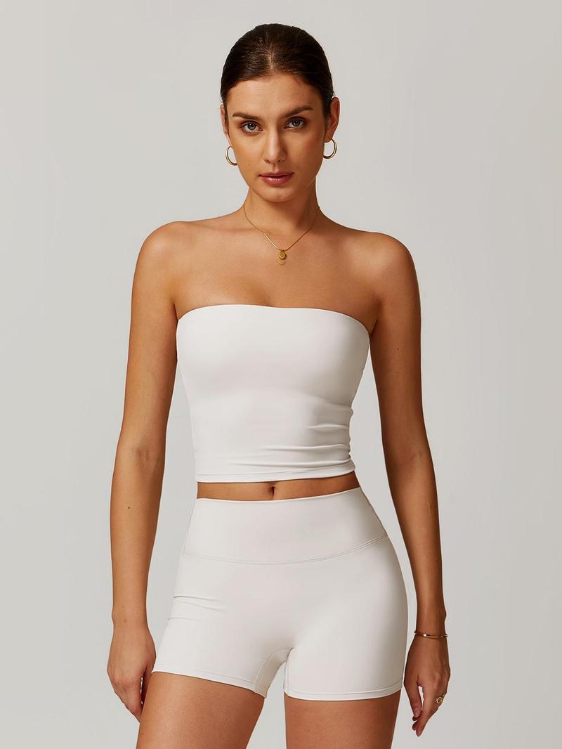 Women's Solid Color Crop Tube Top & Shorts Sportswear Set - Casual Comfy Breathable Two-piece Outfits for Yoga Gym Workout Running Ladies Sportswear for All Seasons Athletic