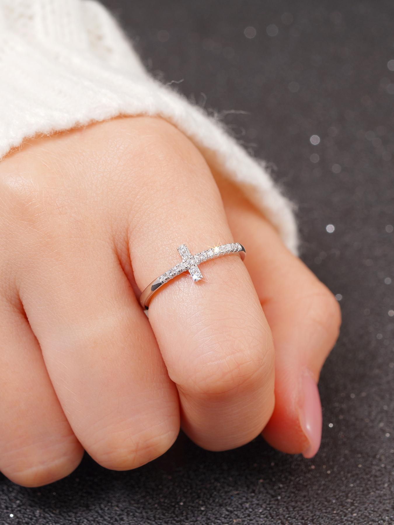 S925 Sterling Silver Cross Design Rhinestone Decor Multi Cut Cluster Ring, Fashion Accessories, Trendy All-match & Exquisite Jewelry Form Women