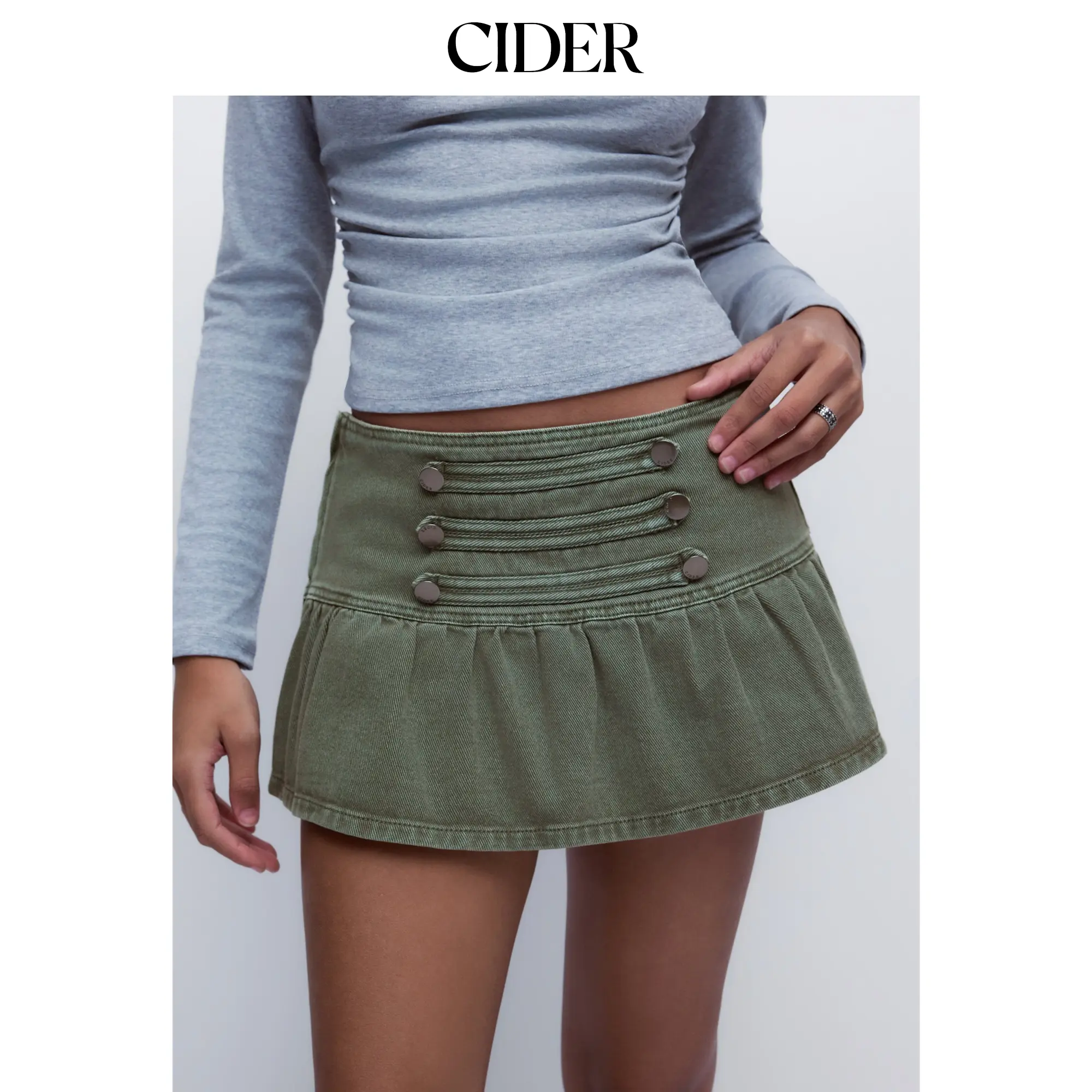 Cider Denim Low Rise Metal Detail Flared Micro Mini Skirt