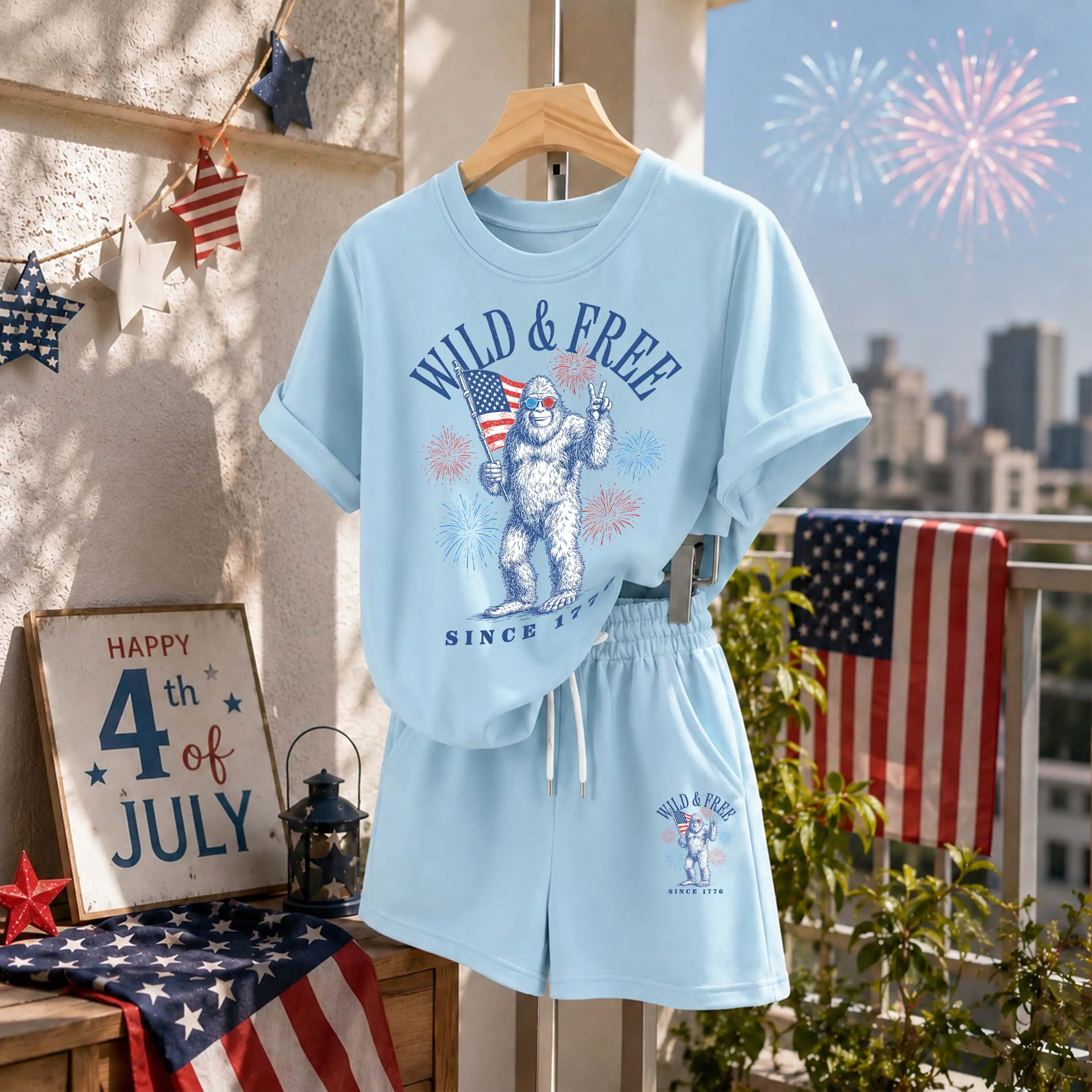 Women’s "Wild & Free" Sasquatch American Flag Graphic Print Short Sleeve T-Shirt and Shorts Set, Casual Summer 2-Piece Outfit, Comfortable Crew Neck Top and Elastic Waist Shorts for Daily Wear, Vacation, Travel, Beach, Resort and Lounge Wear