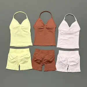 2Pcs HISTELLO Yoga Set Women Halter Tank Top Scrunch Butt Lifting Shorts Ruched Anti Chafe Quick Dry Gym Workout Sports Set