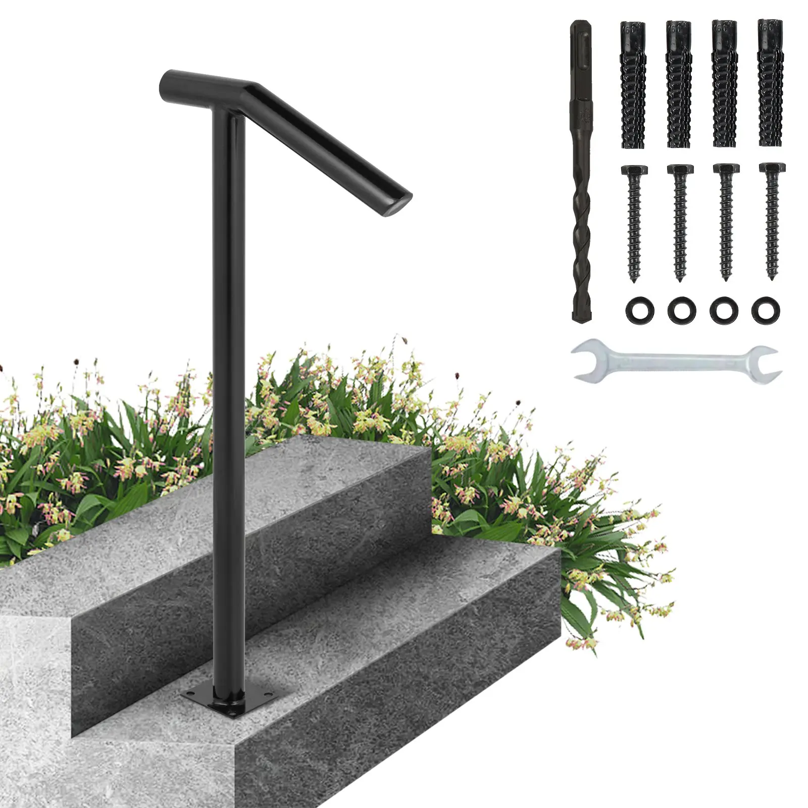 VEVOR Single Post 1-2, Black Steel Railing 441LBS Capacity Baking Varnish Iron Stairs Stylish Handrails for Outdoor Steps with Expansion Bolts Drill Bit
