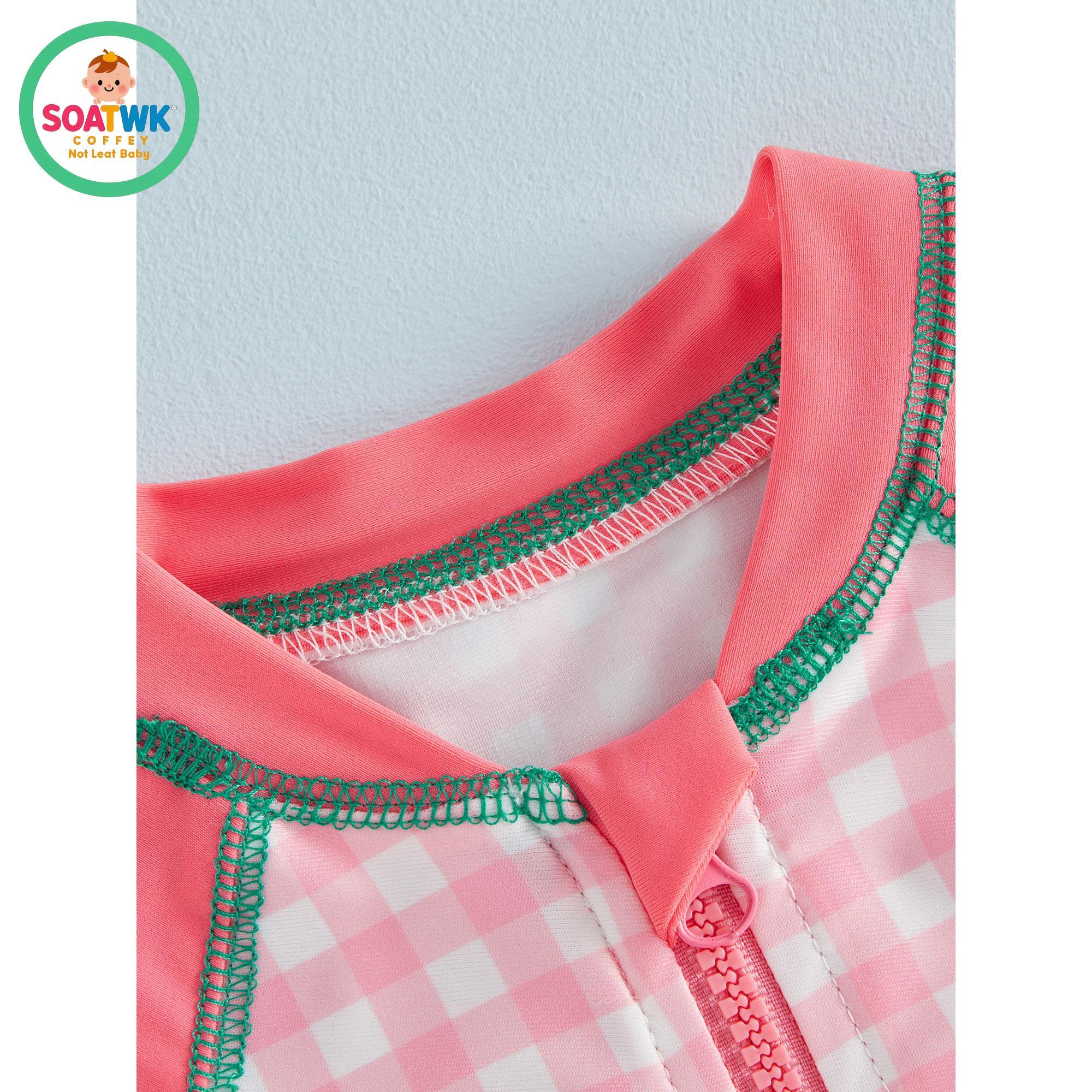 Toddler Girls Rash Guard Swimsuit Playsuits Strawberry Embroidery Plaid Print Long Sleeve Baby Bathing Suit with Sun Hat