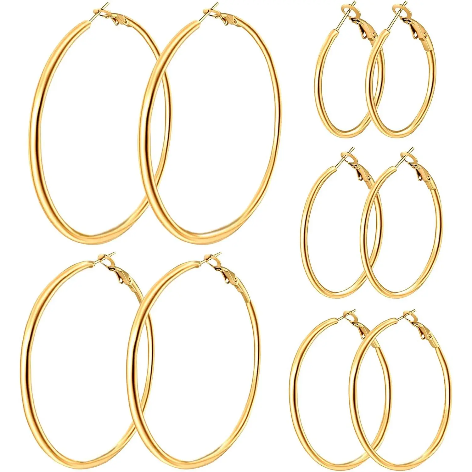 Women's 5/8-Pair Gold-Silver Hoop Earring Set, 14 Karat Gold Plated Stainless Steel, Multi-Size (30-70 mm), Hypoallergenic, Lightweight Thin Hoops, Casual Wear Female Costume Jewelry for Women