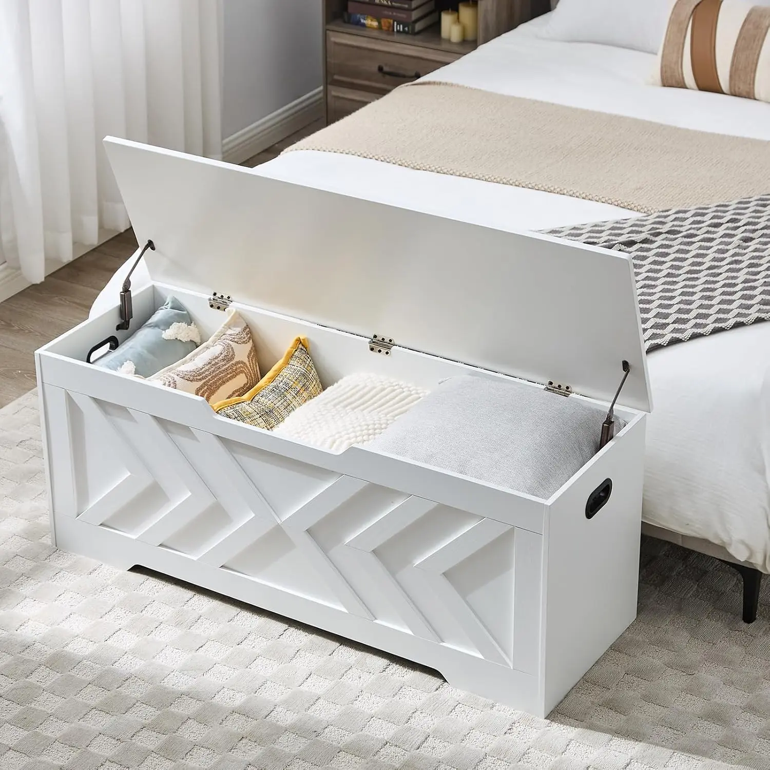 .2” Storage Bench, Wooden Storage Chest with 2 Safety Hinges,entryway Bench,Blanket Storage,Shoe Storage Bench for Entryway,Bedroom,Living Room,Easy Assembly. (White)