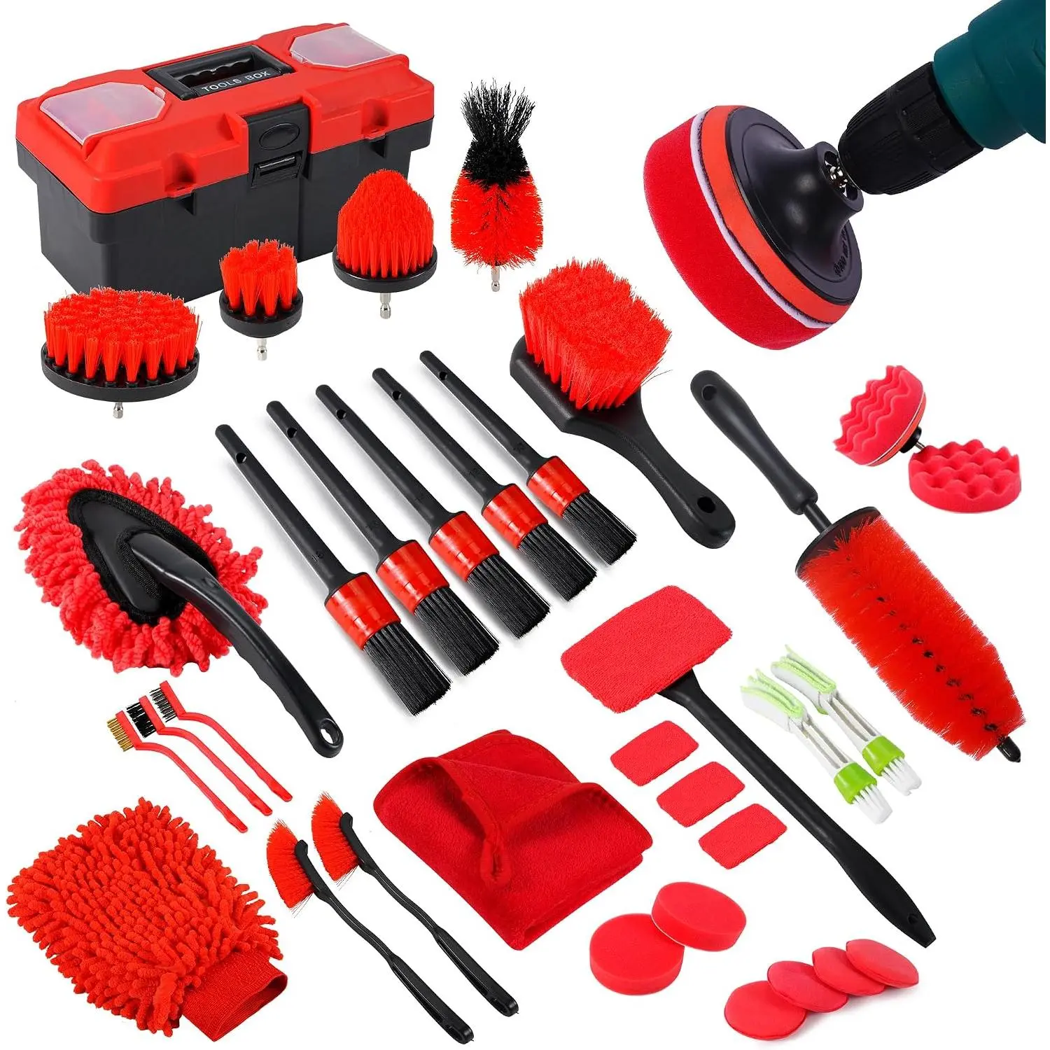 35 count  Detailing Kit &  Cleaning Kit, B:35PCS-R | Windshield Tool, Long Wheel Brush & 2 Angled Brushes, 4 Polishing Pads & 4 Wax Pads, Red Tool Box,  for Men