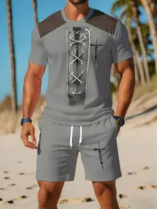 Men's Tie Short Sleeve Graphic T-Shirt, Casual Sporty Two-Piece Set, Fashionable Summer, Slim-Fit Long Tee with Shorts, Menswear