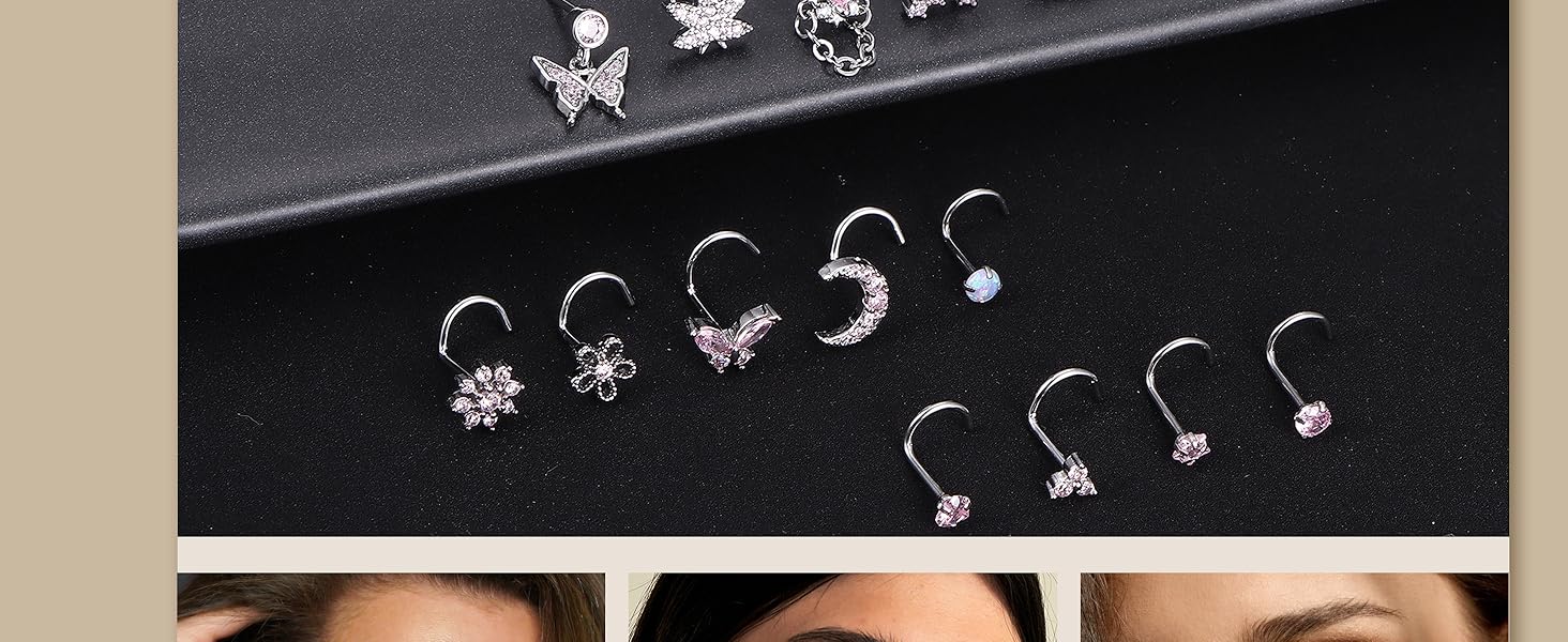 Charm Cute Summer Glow Dainty Nose Piercing Jewelry 20G L-Shaped Corkscrew Studs with Pink CZ Opal, Heart/Star/Butterfly/Moon Charms