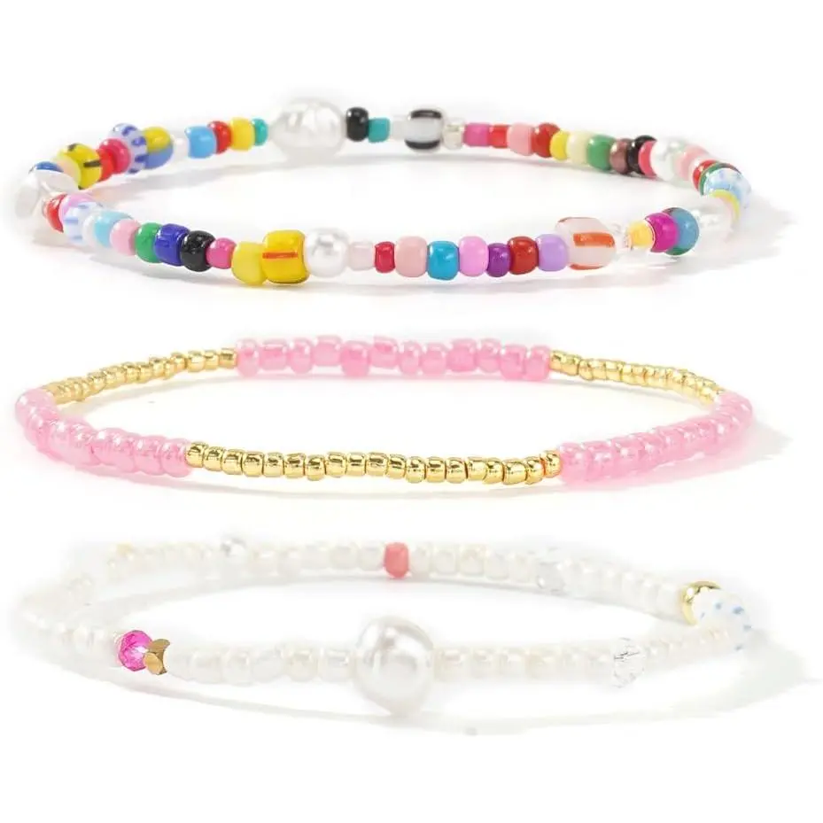 Women's 3-Count Beaded Stack Bracelets Set - Cute Modern Colorful Bohemian Small Beads, Lead-Free Safe Stretch Festival Accessories, Fashion Friendship Bracelets