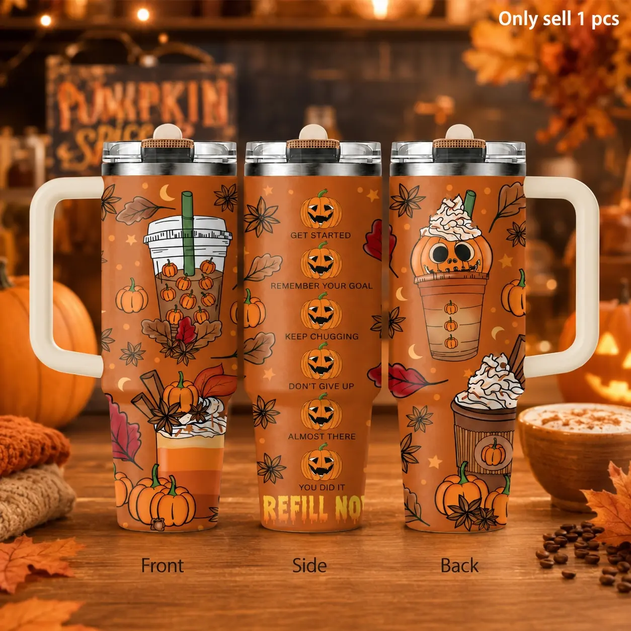 Pumpkin Dessert Halloween 40oz Tumbler – Sweet Spooky Stainless Steel Insulated Travel Cup with Handle & Straw Lid for Coffee, Water, Fall Parties, Office, Car, Seasonal Gift for Women