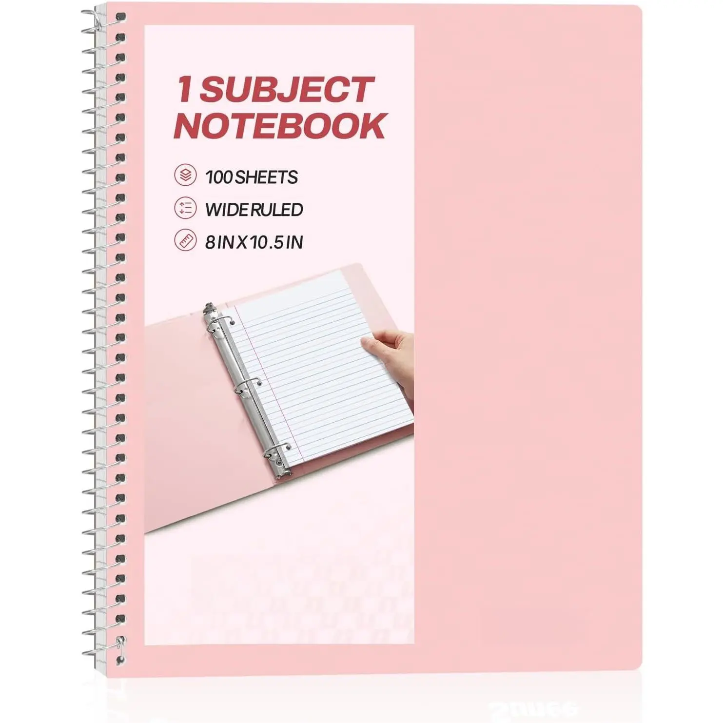 Spiral Notebook, 1-Subject, Wide Ruled Paper, 8" x 10-1/2", 100 Sheets per Notebook, 3-Hole Punched Paper, Water Resistant Cover, Double-sided Pockets, Spiral Lined Notebooks for School,